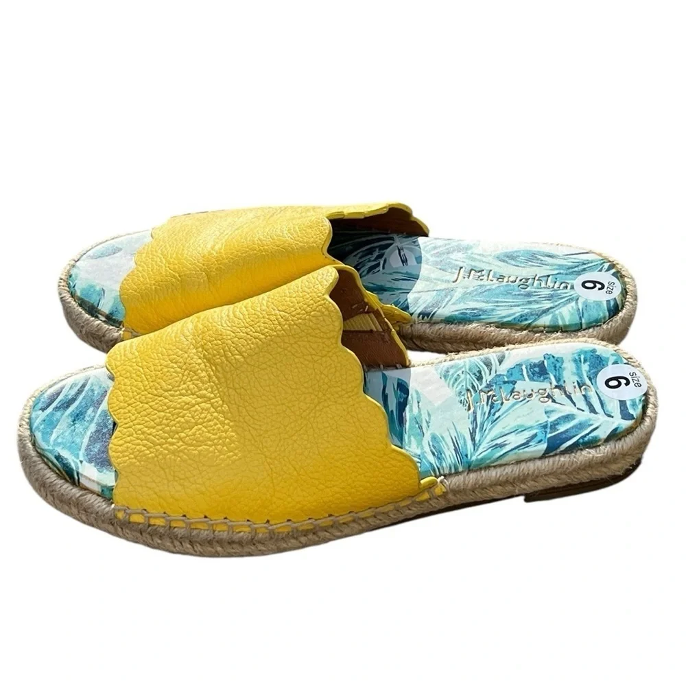 J. McLaughlin Aries yellow scalloped leather espadrille slip on sandals